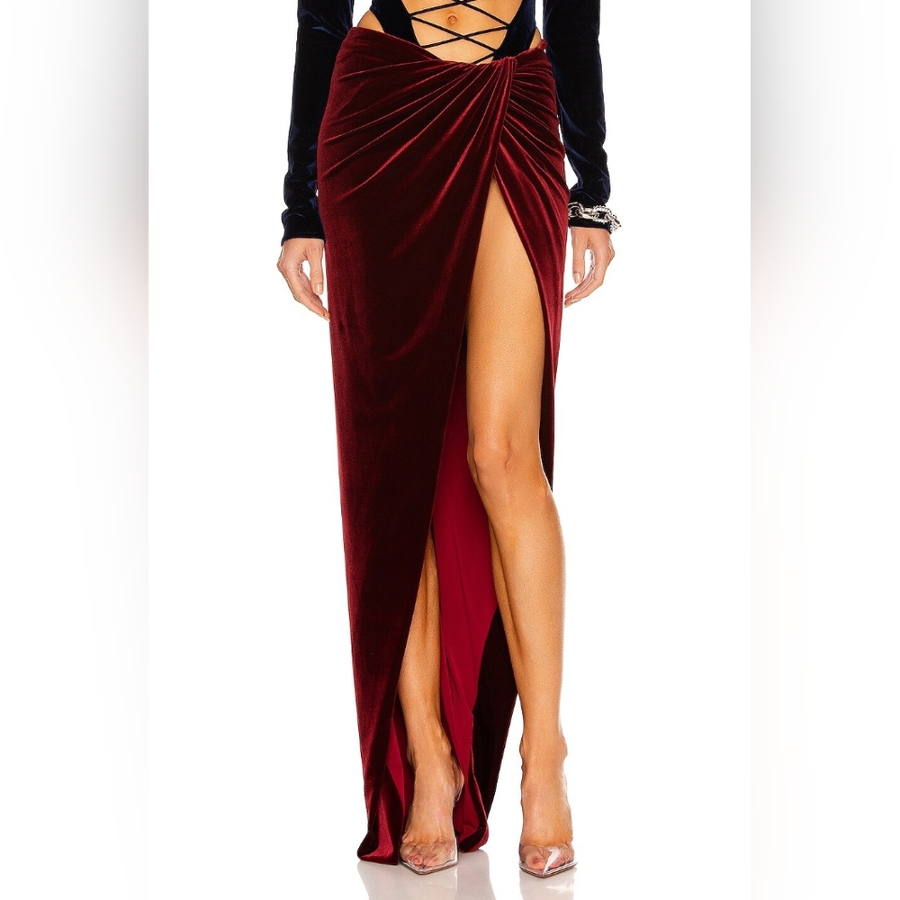 LaQuan Smith Velvet Knot Wrap Skirt Oxblood Medium